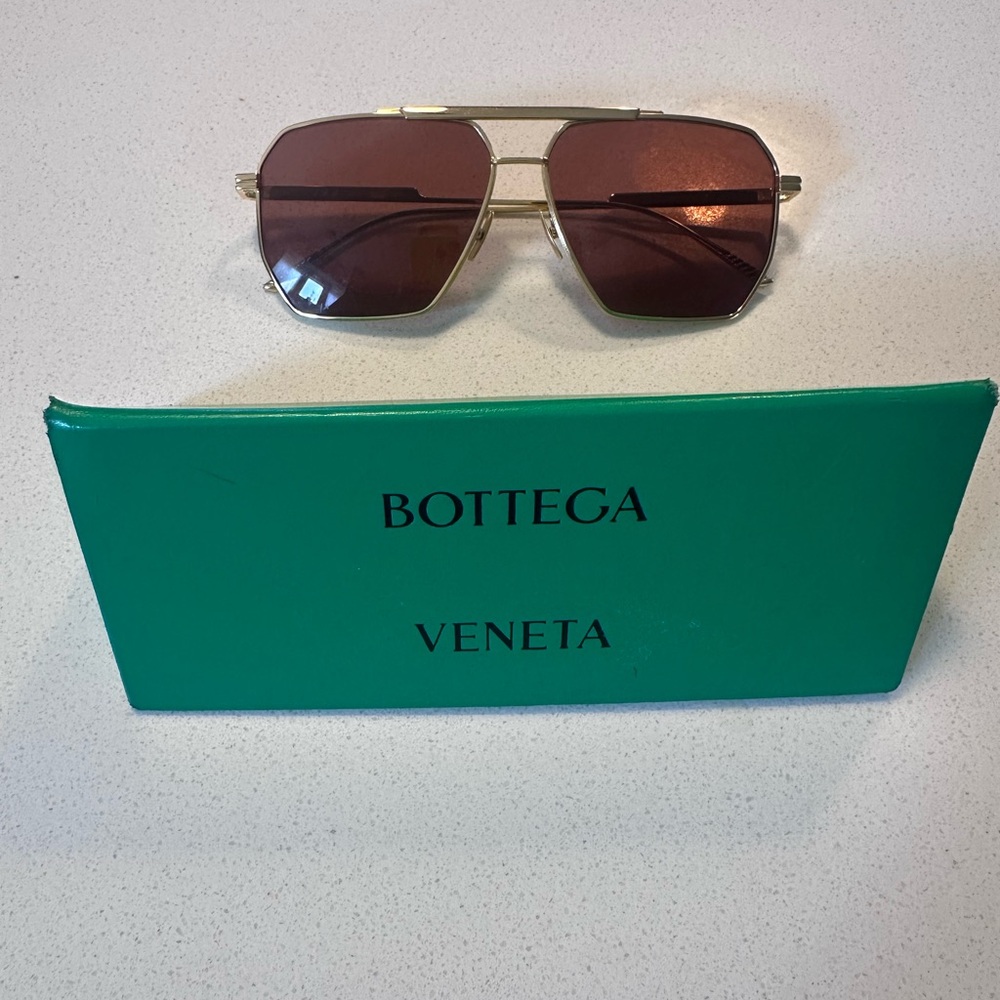 Bottega Veneta Gold and Brown Aviator Sunglasses with case